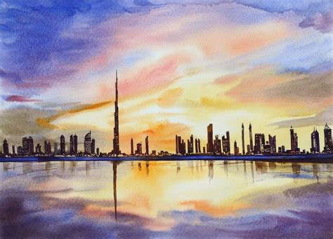 Dubai Skyline Painting In 2021 Skyline Painting Skyline Art City