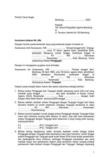 Contoh Surat Cerai Yang Baik Dan Benar Sah Secara Hukum