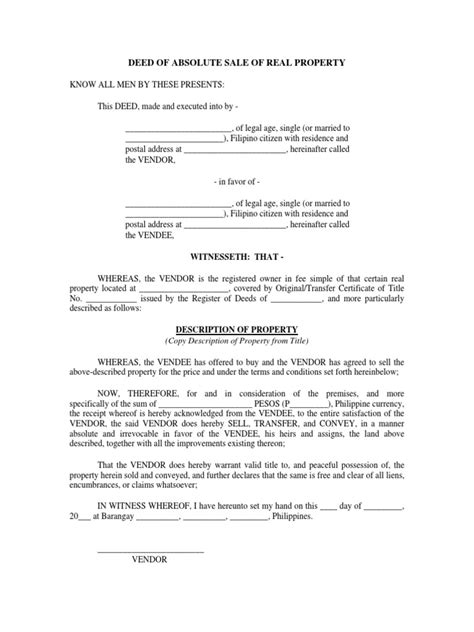 Deed Of Absolute Sale Of Real Property In A More Elaborate Form Pdf