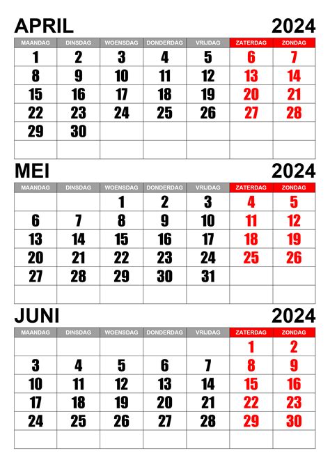 Kalender April Mei Juni 2024