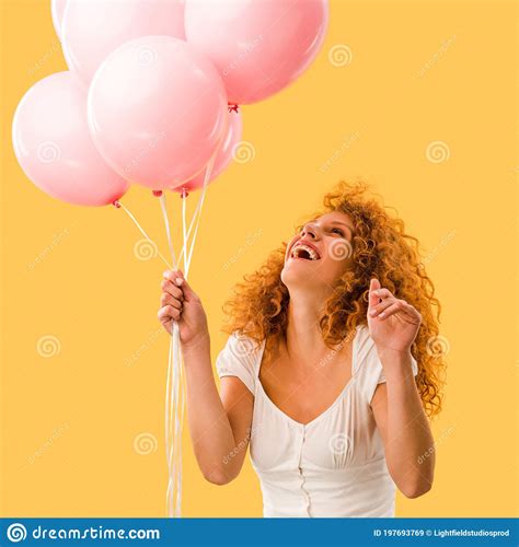 Excited Beautiful Redhead Woman With Pink Balloons Stock Image Image Of Curly Redhead 197693769