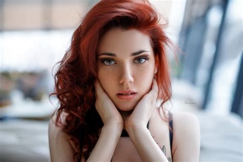 Wallpaper Ekaterina Sherzhukova Model Redhead Long Hair Looking At Viewer Touching Face