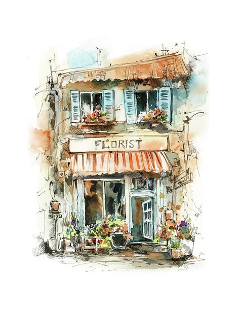 Italian Flower Shop Architectural Sketching Painting By Sophia