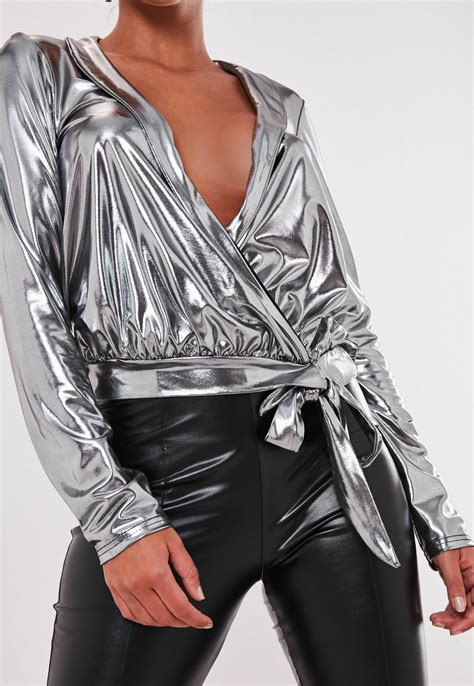 Silver Metallic Wrap Front Blouse Missguided
