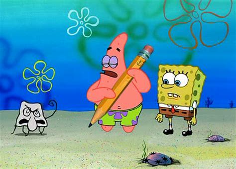 Spongebob Holding A Giant Pencil In Front Of An Octopus And Other