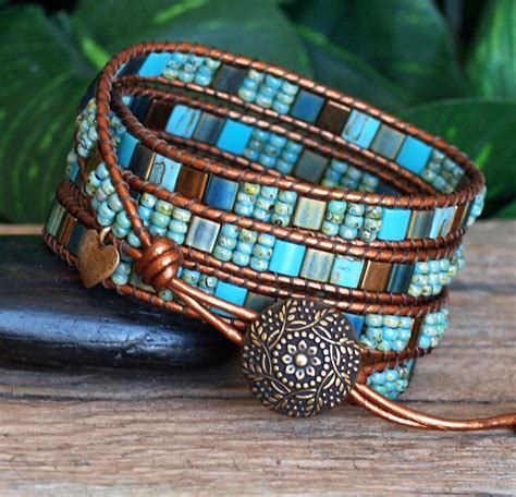 Turquoise And Bronze Tile And Seed Bead Multi Wrap Bracelet Unique