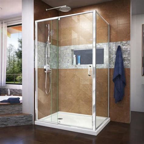 Corner showers for small bathrooms are most suited if you are not a tub person or you don't have enough space to put in a bathtub that fits your size requirements as well as that of the bathroom area. DreamLine Flex Hardware : Chrome; Base Color: White Floor Rectangle-Piece Corner Shower Kit ...