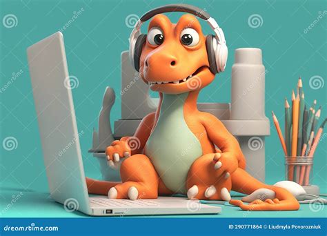 Funny Dinosaur Work Hard At Office With Computer High Quality Photo