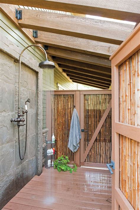 Private Outdoor Shower With Wood And Bamboo Accents