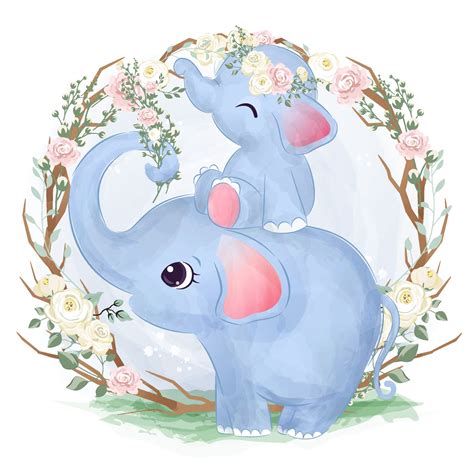 Cute Mom And Baby Elephant In Watercolor Illustration 2748296 Vector