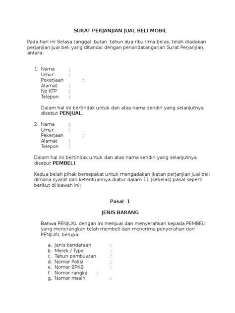 Yang telah bertanda tangan di bawah ini, nama : Surat Perjanjian Jual Beli Mobil