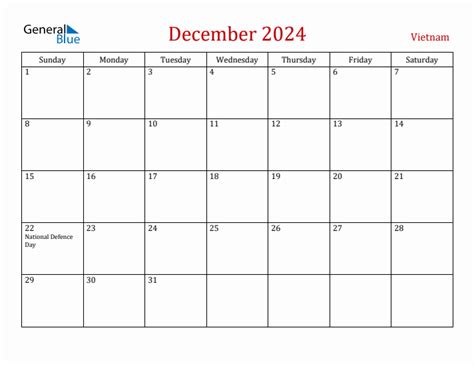 December 2024 Monthly Calendar With Vietnam Holidays