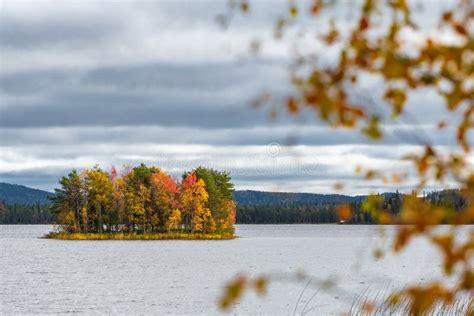 Beautiful Autumn Landscape With A Small Island On Lake In Finland Stock