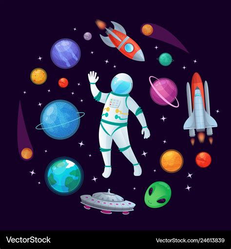 Cartoon Astronaut In Space Spaceman Rocket Stary Vector Image