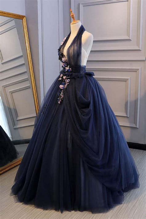 Princess Ball Gown Dark Blue Tulle Halter Prom Dresses Deep V Neck Backless Evening Dresses