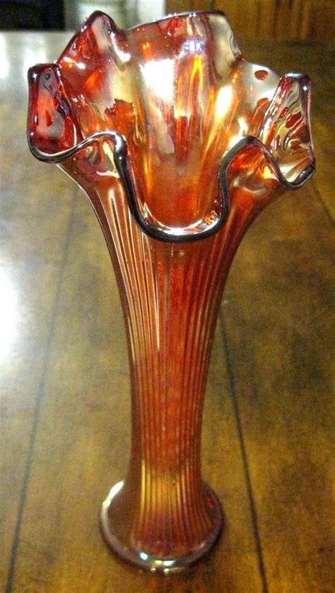Fenton Fine Rib Red Carnival Glass Vase Brilliant Ruby And Gold Iridescent Colors Carnival Glass