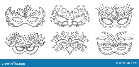 Masquerade Carnival Masks Outline Drawing Set Illustration Sketch