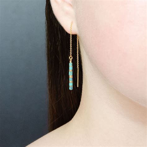 Turquoise Threader Earrings 14K Gold Ear Threaders Blue Etsy