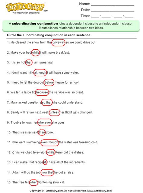 My car has a radio _ a cd player. Find the Subordinating Conjunction Worksheet - Turtle Diary