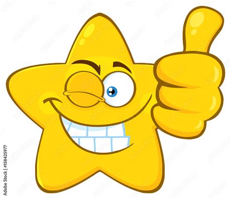 smiling yellow star cartoon emoji face character with wink expression giving a thumb up