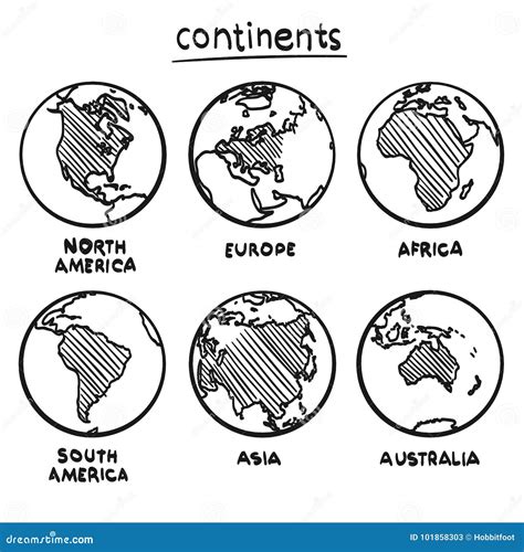 Continentes Del Dibujo De Bosquejo Ilustración Del Vector Ilustración