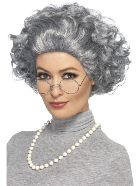 granny old lady grandma grey hair wig grandmother wig pearls glasses costume kit costume