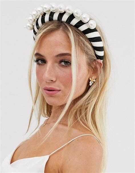 Asos Design Padded Headband With Statement Pearl In Monochrome Stripe