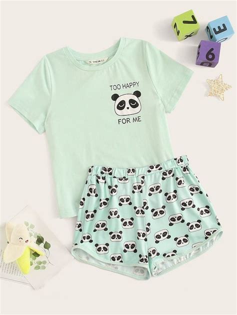 Shein Conjunto De Pijama De Niñas Top Con Estampado De Panda Con Shorts