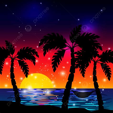 Caribbean Sea View With Palm Tree Silhouettes And Ocean Sunset Vector