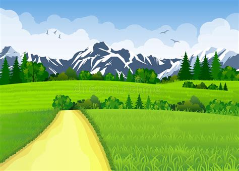 Summer Landscape With Meadows And Mountains Stock Vector