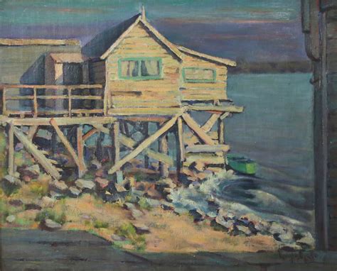 Impressionist Oil On Canvas Cabin On Stilts Mid 20th Century Laszlo