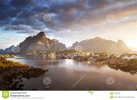 Summer Sunrise Reine Village Lofoten Islands Stock Photo Image Of