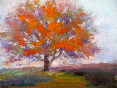 An Oil Painting Of A Tree With Orange Leaves