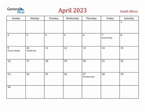 April 2023 South Africa Monthly Calendar With Holidays