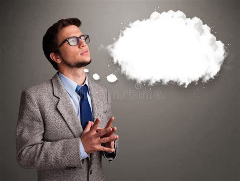 Young Man Thinking About Cloud Speech Or Thought Bubble With Cop Stock