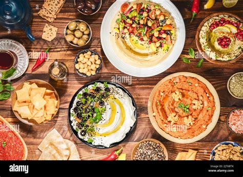 Arabic Cuisine Varieties Of Delicious Middle Eastern Meze And Dips