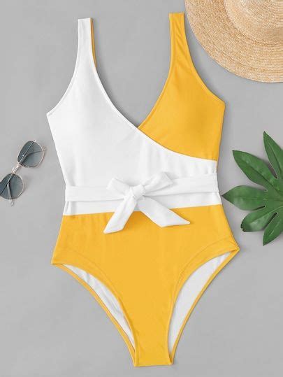 Shop Two Tone Belted One Piece Swimwear Online Shein Offers Two Tone