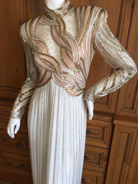 Bob Mackie Sheer Illusion 1970s Beaded Gown Evening Dresses Vintage
