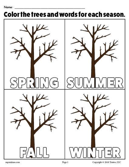Printable 4 Seasons Trees Coloring Page