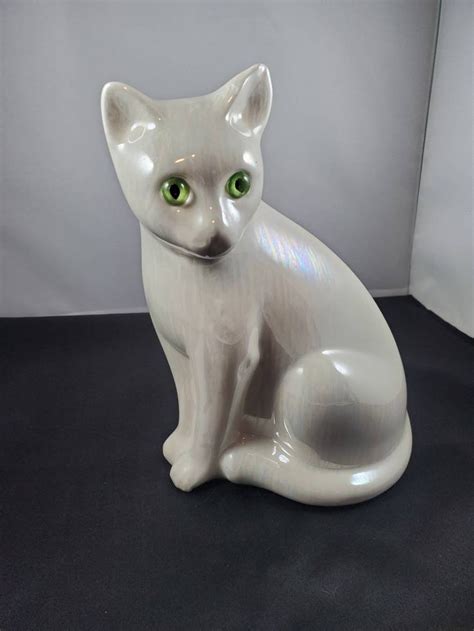 Pearlescent White Cat Figurine With Green Glass Eyes Etsy