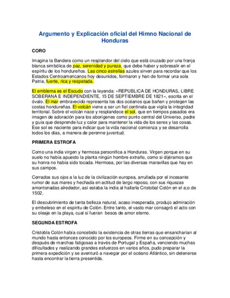 Doc Argumento Y Explicación Oficial Del Himno Nacional De Honduras