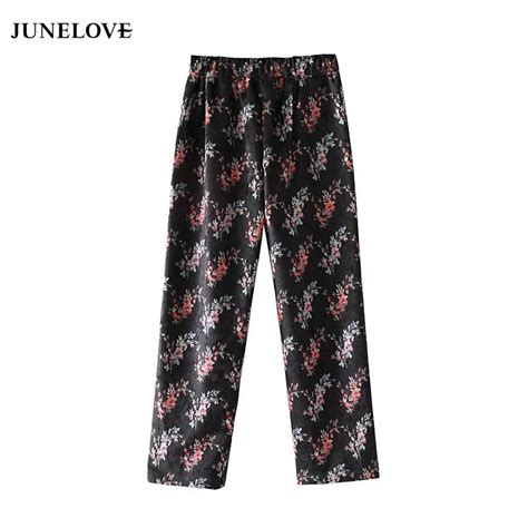 Junelove 2018 Winter Women High Elastic Waist Pants Fashion Print Wide Leg Pants Female Full