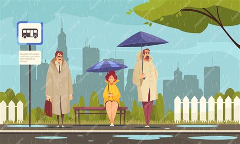 Free Vector People Wearing Overcoats Waiting At Bus Stop Under Umbrellas In Rainy Weather