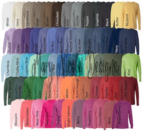 Comfort Colors 6014 All Color Chart Etsy Color Chart Etsy