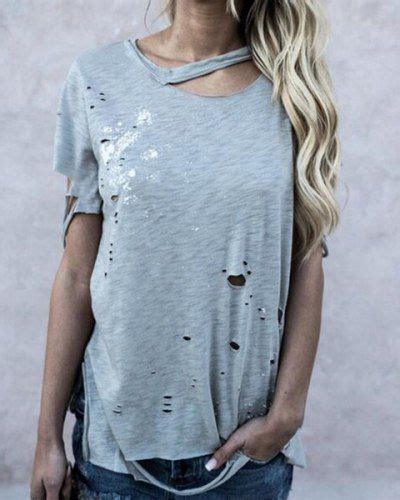 Womens Ripped T Shirt With Holes Short Sleeve Distressed T Shirt