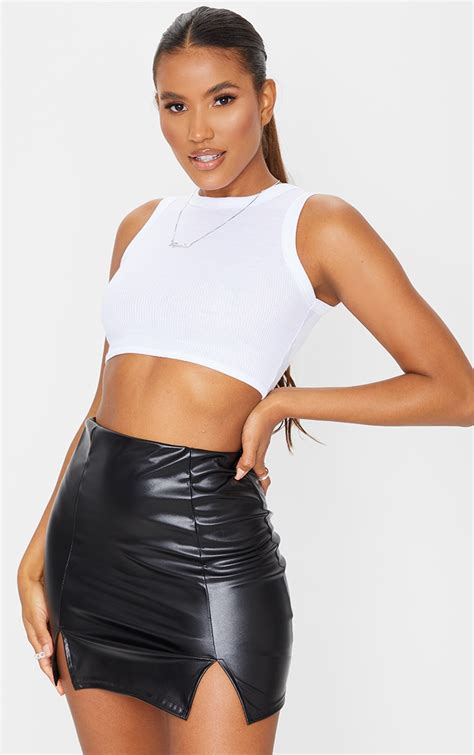 Black Faux Leather Split Hem Mini Skirt Prettylittlething