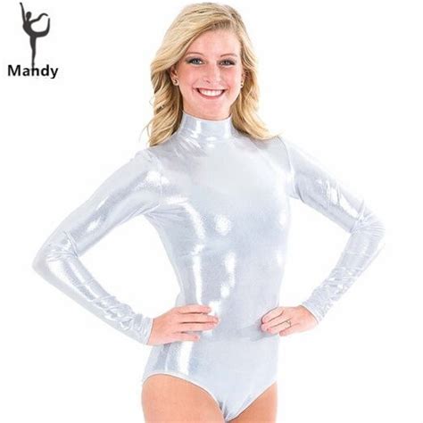 Mandy Adult Silver Turtleneck Shiny Lycra Gymnastics Leotard Costumes For Girls Ballet Dance