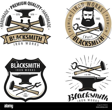 Forge Blacksmith Logo Or Label Blacksmithing Set Of Emblems Isolated