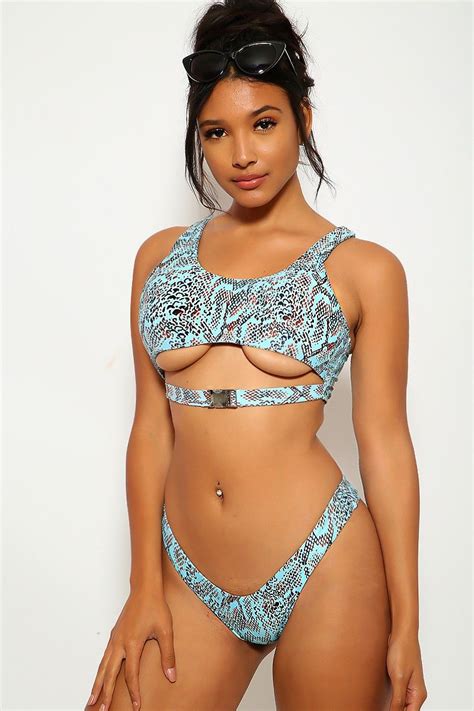 Light Blue Brown Snake Animal Print Two Piece Swimsuit Two Piece