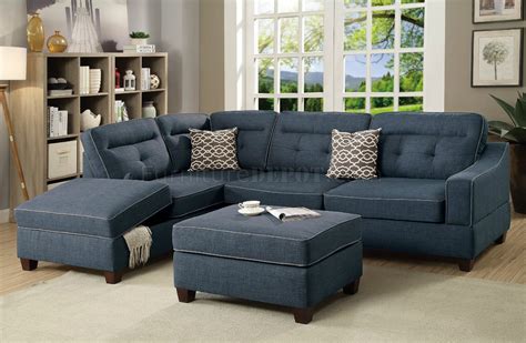 Fast delivery and installation within singapore. F6523 Sectional Sofa & Ottoman Set in Dark Blue Fabric by Boss